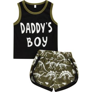 2Pcs Baby Boys Outfit, Summer Color Matching Round Collar Letter Sleeveless Vest Tops + Cartoon Dinosaur Printing Shorts Set