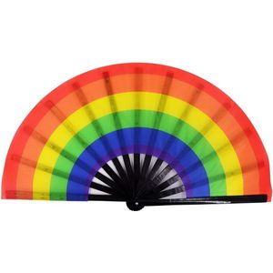 34 Cm Grote Folding Hand Fan Vouw 1 Pcs Dot Regenboog Print Zwarte Bamboe &amp; Nylon-Doek Festival Handheld ventilator Voor