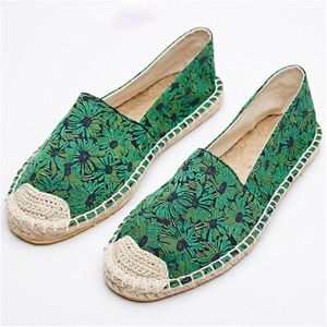 Timetangfashion Etnische Casual Espadrilles Groene Bloemen Platte Vrouwen Lente Gedrukt Borduur Slip Op Vissers Henneptouw Schoen