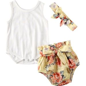 3Pcs Set Baby Meisjes Kleding Sets Zomer Outfits Witte Mouwloze Romper Tops + Bloemen Print Shorts + Hoofdband