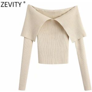 Zevity Vrouwen Sexy Slash Hals Effen Kleur Slanke Breien Trui Femme Chic Basic Lange Mouw Casual Truien Tops s477