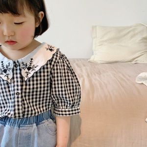 Zomer Leuke Meisjes Bloem Borduren Turn-Down Kraag Blouses Kids Katoen Plaid Korte Mouw Tops Kleding