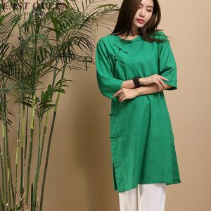 Retro stijl mandarijn kraag blouses qipao oosterse jurk Chinese stijl lange shirt casual vrouw linnen kleding AA2819 YQ