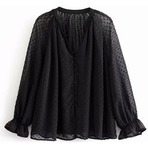 Vrouwen Mode V-hals Enkele Gespen Zwart Chiffon Overhemd Blouses Vrouwen Lantaarn Mouwen Femininas Chemise Ruches Shirts LS4052