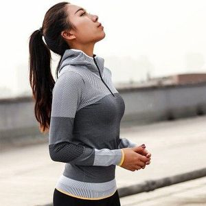 Vrouwen Gestreepte Patchwork Hooded Running Jacket Lange Mouw Sweatshirt Yoga Sport Rits Jas Fitness Sweatshirt