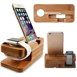 Houten Opladen Dock Station Voor Mobiele Telefoon Houder Stand Bamboe Charger Stand Base Voor Apple Horloge En Voor Iphone