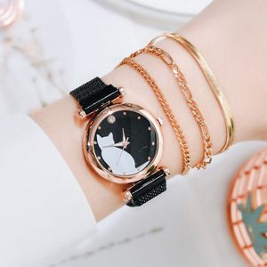 4Pcs Vrouwen Set Horloges Luxe Jurk Magnetische Kat Patroon Roze Dames Polshorloge Armband Horloge Relogio Feminino