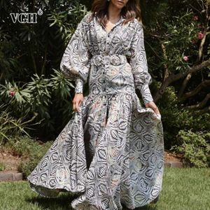 Vgh Print Elegante Jurk Voor Vrouwen Stand Kraag Lantaarn Lange Mouw Hoge Taille Sjerpen Patchwork Ruches Maxi Jurken Vrouwelijke Stijl