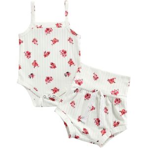 Baby Meisje Kleding Set Zomer Leuke Bloemenprint Mouwloze Romper + Boog Driehoek Shorts Outfits