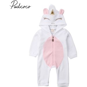 Brand Pasgeboren Baby Baby Meisje Jongen Eenhoorn Romper Wings Hooded Longsleeve Rits Cartoon Jumpsuit Herfst Winter Kleding