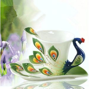 3D Pauw Emaille Koffie Mok Cup Set Keramische Thee Melk Drinkware China Bone Vriend