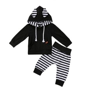 Herfst Winter Pasgeboren Baby Meisjes Jongens Casual Mooie Kleding 2 Stuks Lange Mouwen Hooded Tops Gestreepte Broek Outfit 0-24M