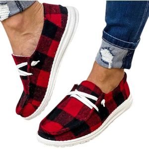 Buffalo Plaid Slip Op Schoenen Platte Zool Lace Up Toevallige Canvas Schoenen Voor Vrouwen Kerst Jl