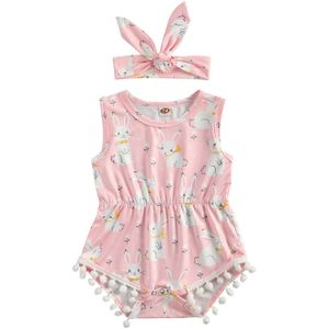 Citgeett Zomer Pasen Baby Meisjes Outfits Leuke Konijn Bloemenprint Mouwloze Bodysuit Hoofdband 2 Stuks Kleding Set