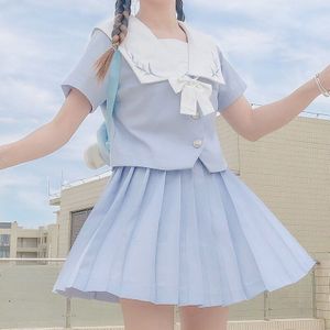 Japanse College Jk Uniformen Korte Mouwen Top Hoge Taille Effen Kleur Plooirok Stuk Vrouwelijke Zomer School Rok
