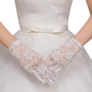 Womens Bloemen Kant Witte Korte Handschoenen Volledige Fingered Pols Lengte Through Effen Kleur Bridal Wedding Wanten Vintage Gehaakte