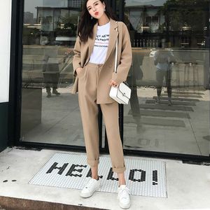 Herfst Casual Solid Vrouwen Pant Suits Notched Kraag Blazer Jacket & Pant Kaki Vrouwelijke Pak 2 stuks set