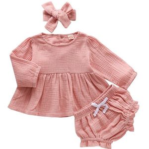 Infant Kids Baby Meisjes 3Pcs Set 100% Katoenen Kleding Solid Kinderen Lente Herfst Kleding Lange Mouwen Tops Shorts hoofdband