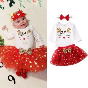 Baby Meisje Mijn 1st Kerst Romper + Dot Tule Jurk + Hoofdband Outfits Kleding 4 Stuks Costume Party Kleding Set