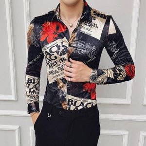 Herfst Mannen Shirt Luxe Gold Print Lange Mouwen Casual Slim Fit Zakelijke Jurk Shirts Camisa Sociale Masculina