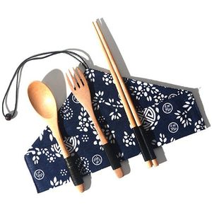 3 Stks/set Japan Houten Servies Set Met Katoenen Zak Houten Lepel Eetstokjes Vork Reizen Draagbare Bestek Opbergtas Servies