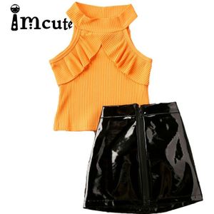 Imcute Peuter Kids Baby Meisjes Ruches Mouwloze Tank Tops + Rits Pu Lederen Rok Jurk Outfits Set Kleding