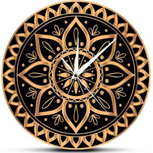 Luxe Gouden Zwarte Mandala Etnische Royal Patroon Vintage Klok Muur Horloge Indiase Zon Yoga Studio Mute Non Tikkende Torenuurwerk