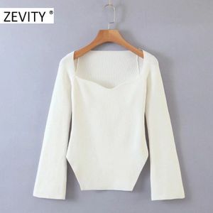 Zevity Vrouwen Sexy Vierkante Kraag Solid Breien Casual Slanke Trui Vrouwelijke Lange Mouwen Split Trui Aantrekken Tops S385