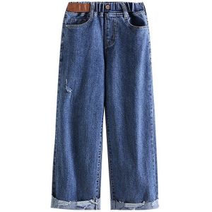 Jeans Voor Tienermeisjes Wijde Pijpen Jeans Mode Eenvoudige All-Match Ripped Denim Broek Grote Meisje Broek herfst 5-14 Jaar