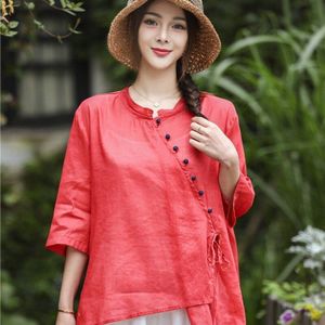 Dames Chinese Tops Vintage T-shirt Lange Mouw Vrouwen Katoen Linnen V-hals Losse Tee Shirt Chinese Stijl Kleding Vrouwen 11084
