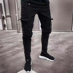 Mannen Skinny Jeans Vernietigd Verzwakte Slim Fit Denim Cargo Broek Broek Mannelijke Ongedwongen Rits Zakken Broek Overalls Joggingbroek