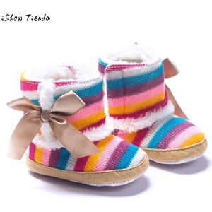 Baby Meisje Schoenen Laarzen Regenboog Gestreepte Zachte Zool Snowboots Leuke Strik Crib Schoenen Tenis Infantil Menina #1104