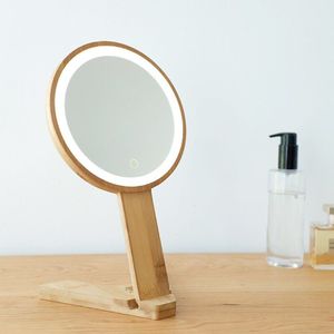 Craftsman Gemaakt Bamboe Hout Led Cosmetische Spiegel, Licht En Helderheid Kan Worden Aangepast. Eenvoudige Stijl Hand-Held Schoonheid Spiegel