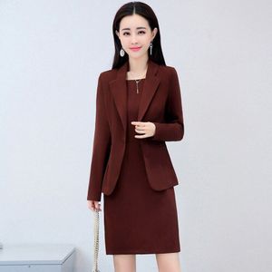 Yasuguoji Herfst Office Lady Effen Kleur Slanke Vrouwelijke Jurk Past Single Button Blazer Met Knielange Jurk Pak vrouwen LXF6