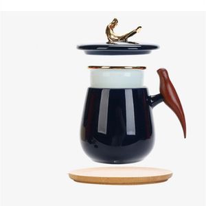 Keramische Creatieve Vogel Koffie Mok Met Houten Handvat Melk Mokken Grote Deksel Zelf Roeren Thee Cups Europese Creatieve Mokken