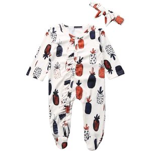 0-18M Baby Baby Meisjes Kids Ananas Footies Met Strik Hoofdband Een Stuk Kleding Tops 0-18M