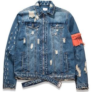 Unisex Punk Vernietigd Jeans Bomberjack Mannen Ripped Denim Patchwork Gat Jean Jassen Hip Hop Jassen Casual Streetwear