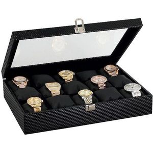 Chavin 15 Li Diamant Zwarte Lederen Hout Geglazuurd Horloge Doos St15-24