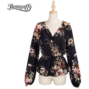 Benuynffy Elegante Bloemenprint Wrap V-hals Peplum Top Blouse Vrouwen Herfst Lange Lantaarn Mouwen Casual Womens Tops En Blouses