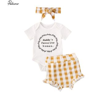 Pasgeboren Baby Meisje Kleding Korte Mouw Romper Tops Bodysuit Plaid Shorts Hoofdband Outfits Sets