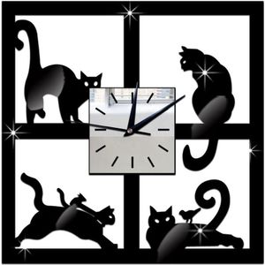 Unieke Kat Spiegel Zwarte Wandklok Modern Decor Horloge Muur Sticker Decoratie Maison Salon Woondecoratie Accessoires