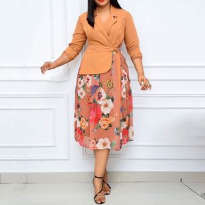 Zomer Notched Revers Swing Jurk Elegante Plus Size 3XL Vrouwen Patchwork Bloemenprint Jurk Vrouwen Afrikaanse Jurk Gewaden Vestidos