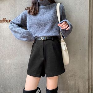 Herfst Winter Zwart Wollen Shorts Vrouwen Hoge Taille Wijde Pijpen Korte Broek Koreaanse Stijl Casual Shorts Met Riem