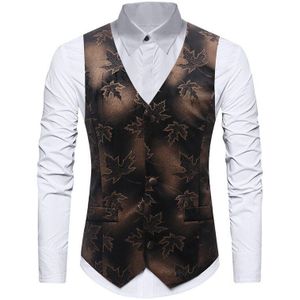 Zwart Gouden Maple Leaf Print Pak Vest Mannen Brand Slim Fit Enkele Breasted Mannelijke Vest Vest Party Bruiloft tuxdedo Vest