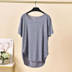 Vrouwen Zachte Bamboe Loungewear Tops Losse Korte Mouwen Tee Shirt Gebogen Zoom Hoge Lage Vriendje T-shirt Modale Dunne Toevallige tee