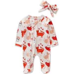 2 Stuks Pasgeboren Baby Meisje Print Outfits Baby Lange Mouw Ronde Hals Ruche Betaalde Jumpsuit + Hoofdband