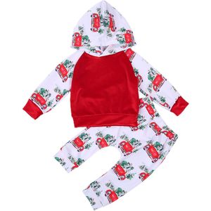 Kerst Infant Kids Baby Meisjes Jongens Pak, lange Mouw Hooded Sweater Mid Taille Lange Broek Met Auto Patronen Voor Lente Herfst