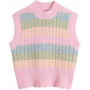 Pseewe Za Roze Gestreepte Breien Vest Vrouw Truien Cable Knit Rib Mouwloze Cropped Trui Vest Vrouwen Winter Truien