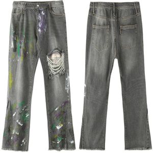 Hip Hop Graffiti Denim Flare Broek Heren Casual Rits Geript Gat Herfst Winter Streetwear Lange Broek Joggers Jeans