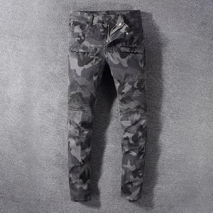 Mannen Denim Biker Camouflage grijs Jeans Motorcycle Slim fit Rijden Broek